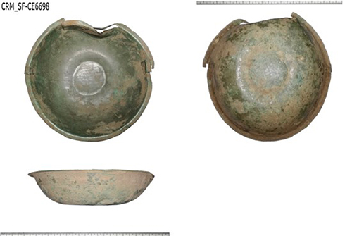 front, side and back of a copper alloy bowl